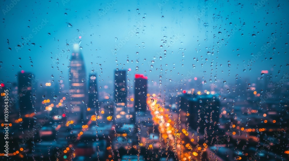 Raindrops on Glass Window with Blurred Cityscape at Night Raindrops on Glass Window with Blurred Cityscape at Night