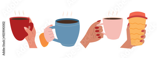 Coffee cups in hands set. Flat vector set of morning hot drinks in hands
