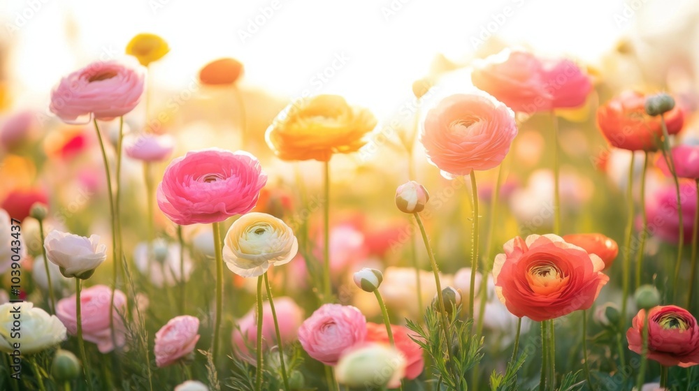 Fototapeta premium A Field of Colorful Ranunculus Flowers in the Sunlight