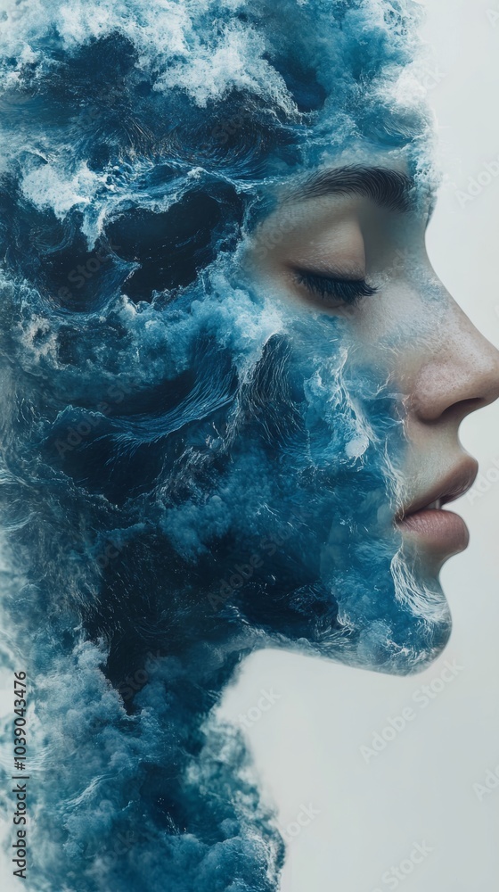 Surreal portrait of a woman with ocean waves and water splashes blending with her profile Surreal portrait of a woman with ocean waves and water splashes blending with her profile