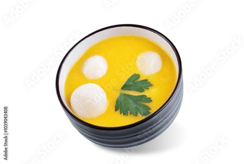 Pumpkin porridge, Hobakjuk in a bowl with rice balls on a white isolated background photo