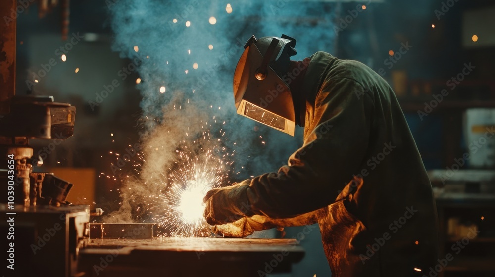 Worker using arc welder for metalwork at industrial factory Worker using arc welder for metalwork at industrial factory