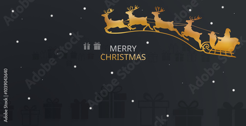 Santa Claus flies with Christmas sleigh pulled by four reindeer, Christmas gifts as gift boxes as flat-style silhouette symbol icon, creative festice Christmas  presents background photo