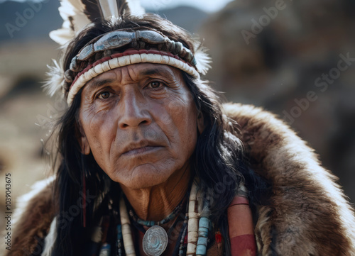 Close-up portrait of a Native American man wearing traditional headdress and attire. The image captures cultural heritage, wisdom, and depth.