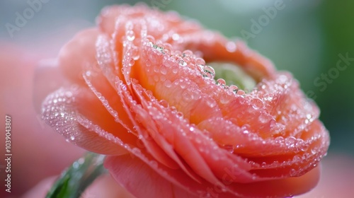 A Close-Up View of a Pink Flower Covered in Dew Drops