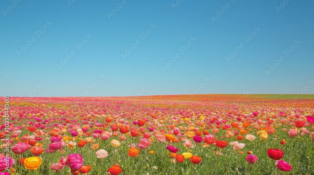 A Vibrant Field of Pink, Orange, and Yellow Flowers Against a Clear Blue Sky