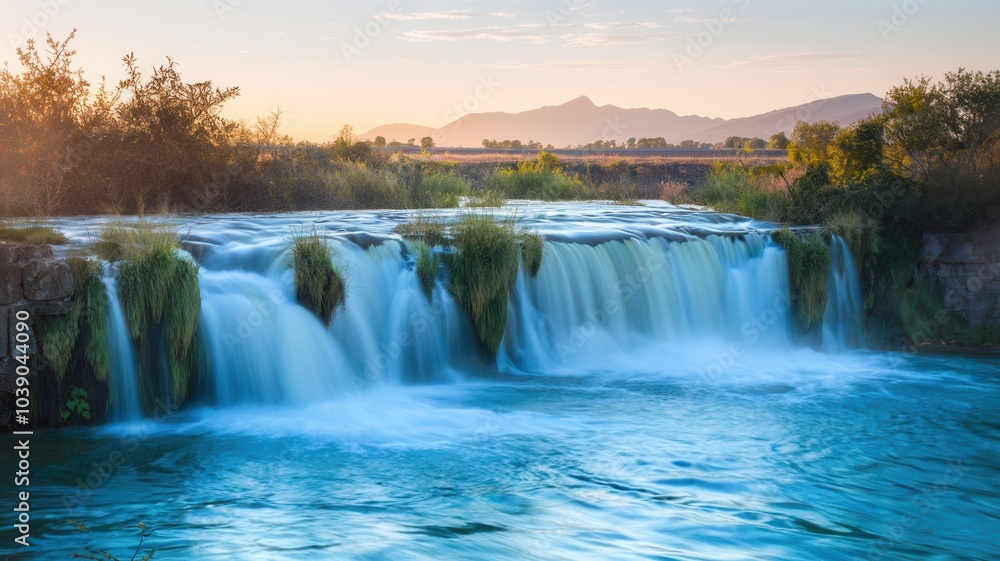 Fototapeta premium River with small rapids flowing toward waterfall at sunrise or sunset