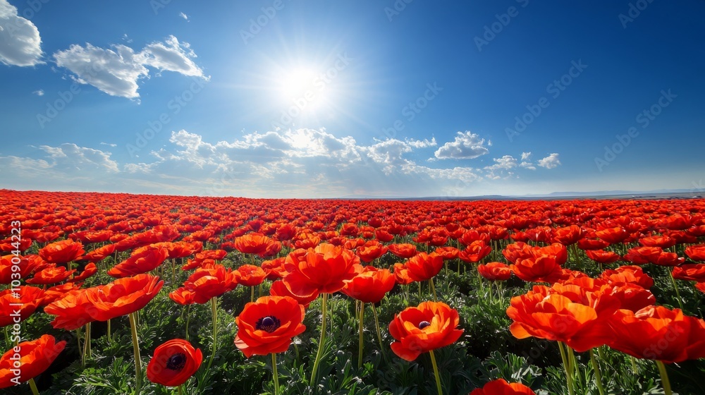 Obraz premium Vibrant Red Flowers Blooming in a Field Under a Sunny Sky