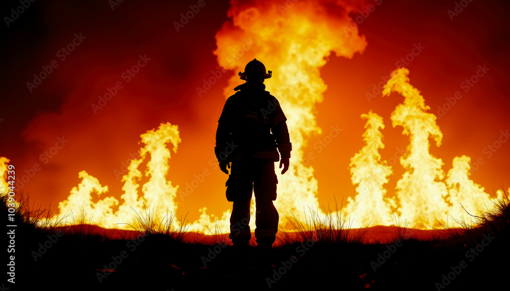 Fototapeta premium Silhouette of a brave firefighter against a raging fire, demonstrating courage and dedication. Perfect for themes of bravery, emergency response, and heroic action in dangerous situations.