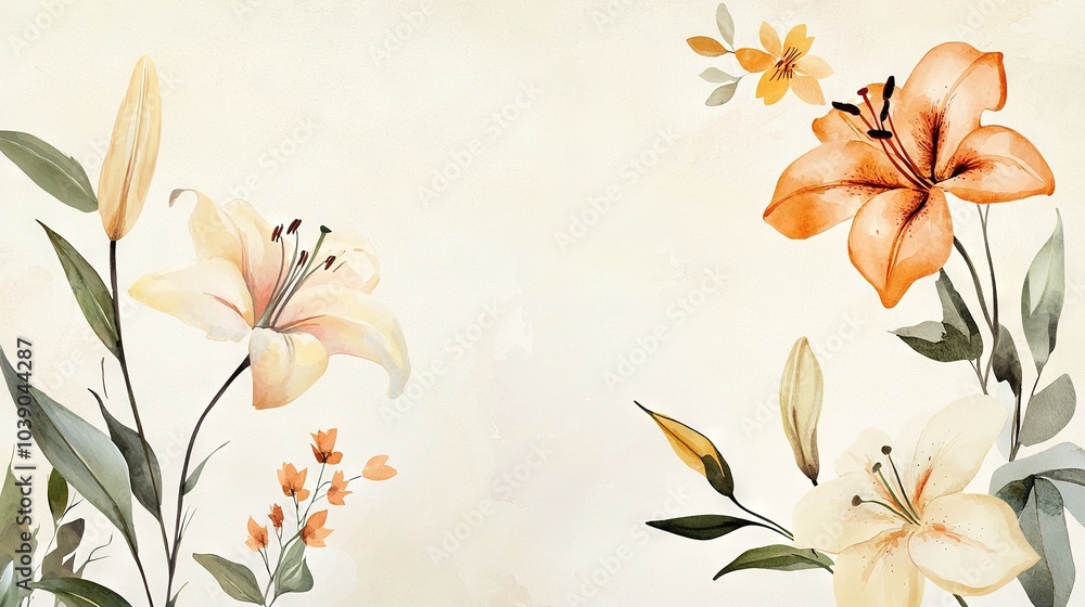 A painting of vibrant orange and yellow flowers against a white background, featuring lush green foliage and blooms on the left side A painting of vibrant orange and yellow flowers against a white background, featuring lush green foliage and blooms on the left side