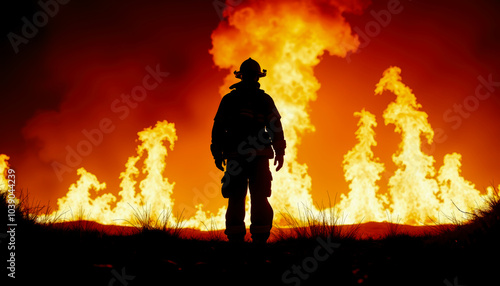 Silhouette of a brave firefighter against a raging fire, demonstrating courage and dedication. Perfect for themes of bravery, emergency response, and heroic action in dangerous situations.