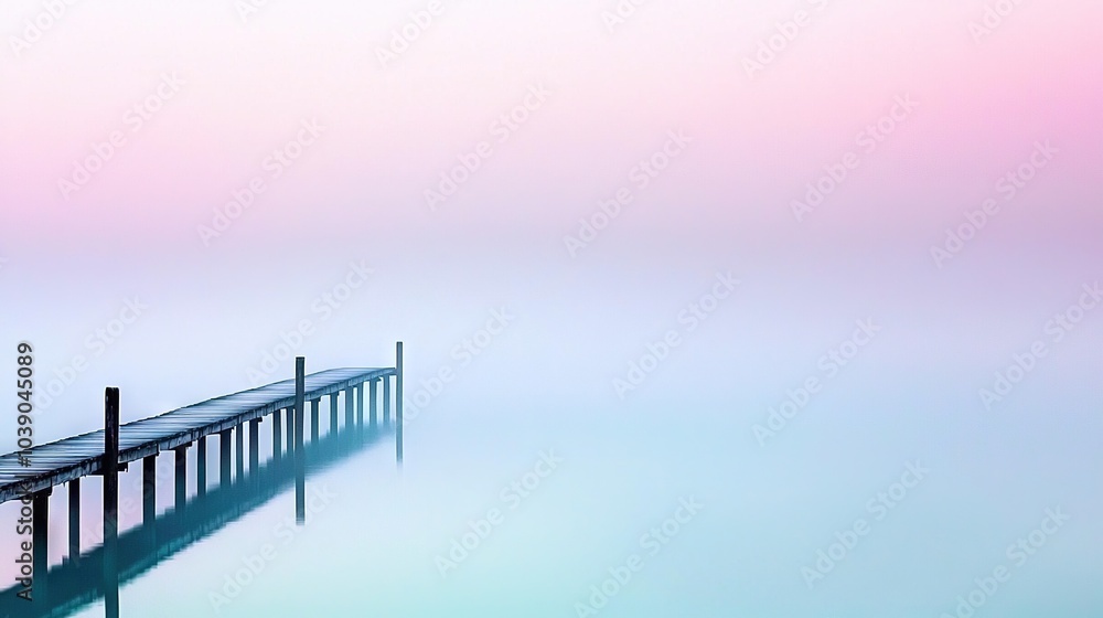 Naklejka premium A pier stretching down the center of a tranquil body of water, framed by a stunning pink and blue sky overhead