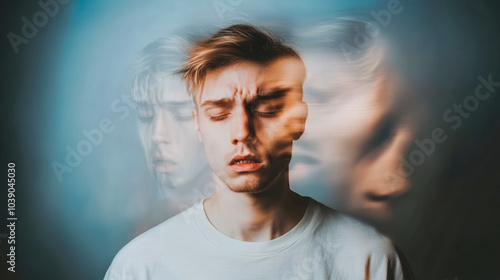 Blurred portrait of a young man with closed eyes, symbolizing confusion and inner turmoil