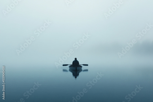 Person kayaking on serene lake with misty mountains in the background. Treelined shore surrounds the calm waters reflecting the morning light.