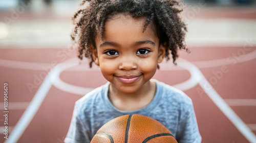 African american child holding a basketball ball in a basketball court