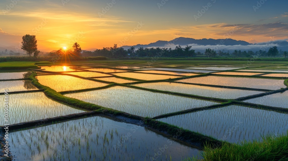 Obraz premium Sunlit Rice Paddies with Mountain Background at Sunrise
