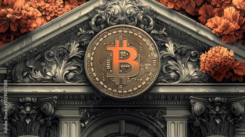 Ornate building facade features a large, central Bitcoin symbol, surrounded by intricate carvings and vibrant, orange flowers