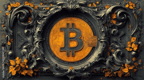 Ornate Bitcoin symbol surrounded by intricate floral and leaf designs, blending metallic and earthy tones beautifully