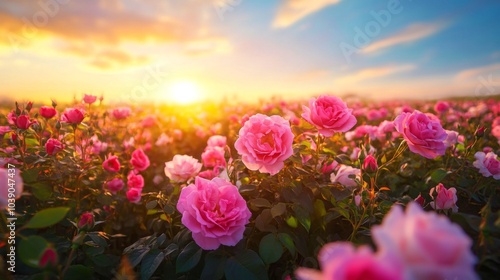 Wallpaper Mural Pink Roses Blooming in a Field at Sunset Torontodigital.ca