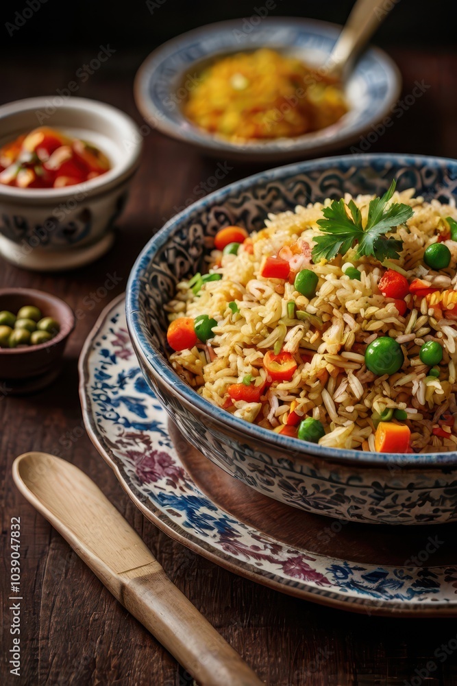 Fried rice with vegetables in a bowl on wooden background. Selective focus. Fried rice with vegetables in a bowl on wooden background. Selective focus.