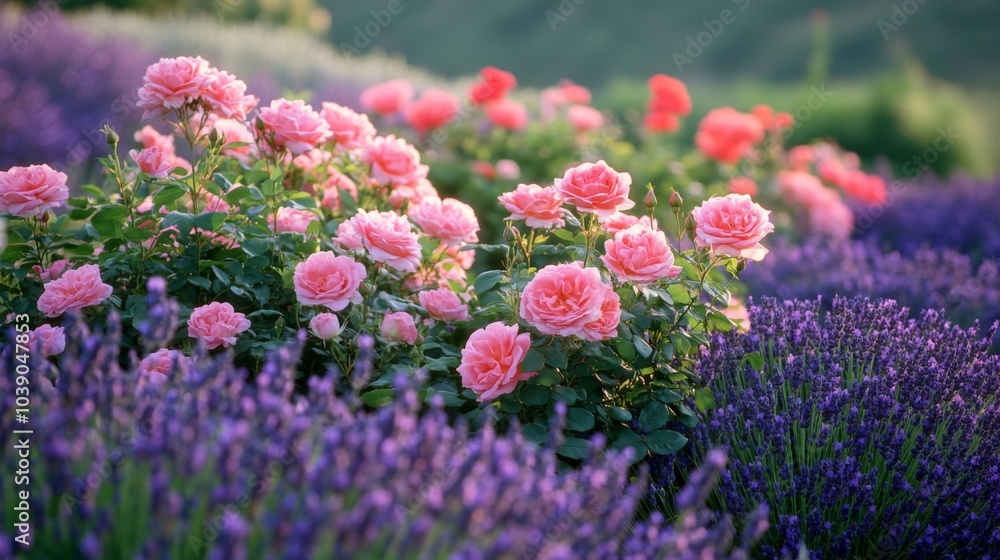 Obraz premium Pink Roses and Purple Lavender in a Garden