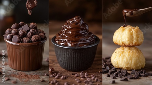 Shows three desserts: chocolate truffles, chocolate mousse, and coconut macaroons, each with rich melted chocolate on top