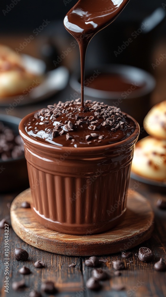 Small ceramic dish filled with rich chocolate sauce topped with chocolate chips, surrounded by baked goods on wooden table Small ceramic dish filled with rich chocolate sauce topped with chocolate chips, surrounded by baked goods on wooden table