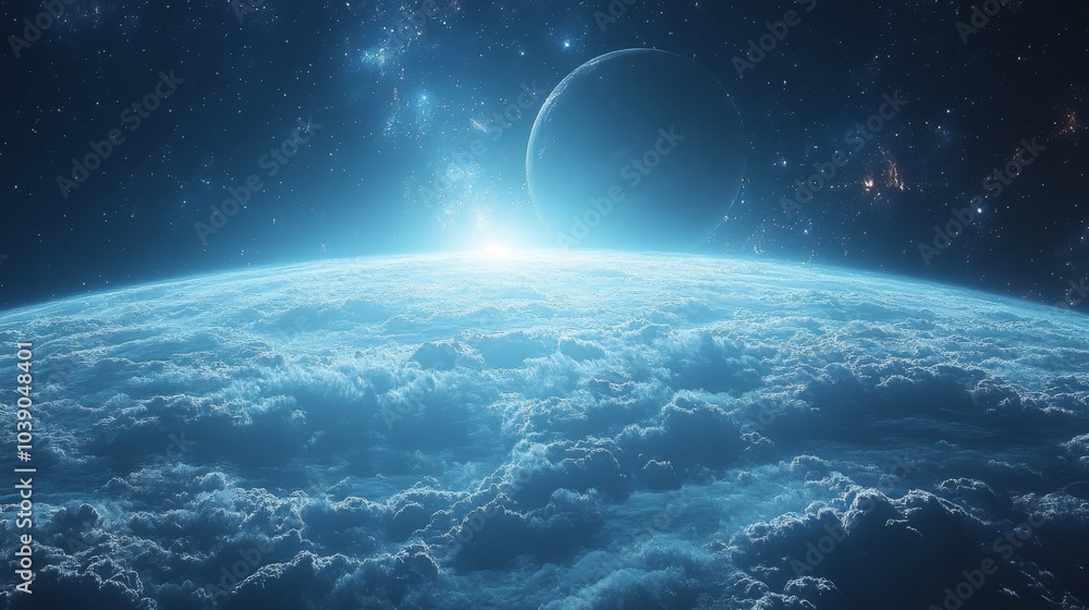 Stunning view of a planet's surface with clouds, a galaxy, stars, and a glowing horizon Stunning view of a planet's surface with clouds, a galaxy, stars, and a glowing horizon
