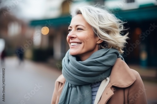 Portrait of a beautiful middle aged woman in winter coat and scarf