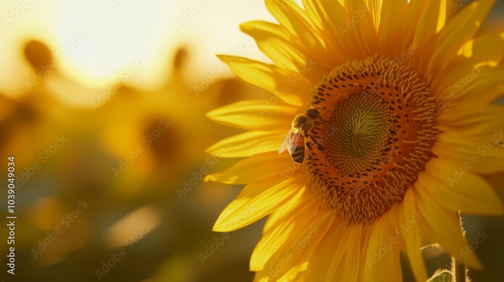 Naklejka premium A Bee Gathering Pollen on a Sunflower in a Field of Sunflowers