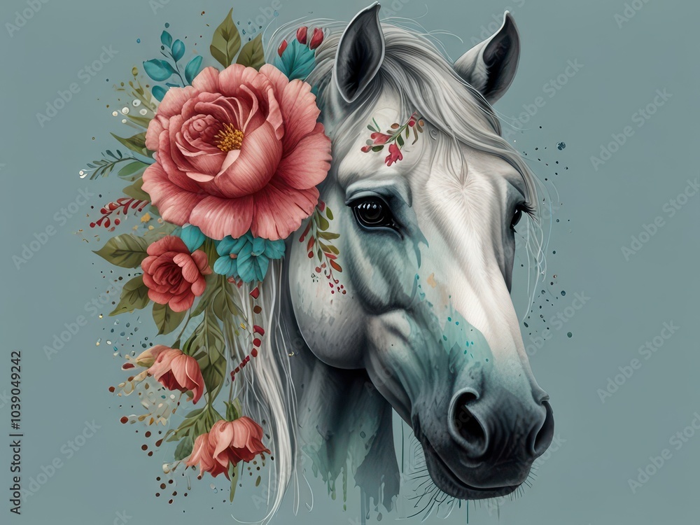 Horse head with flowers. Hand drawn illustration for your design.