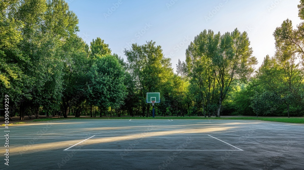 A tranquil outdoor basketball court with freshly painted lines and a backdrop of green trees and a clear sky, early morning light creating a calm atmosphere, Minimalist style A tranquil outdoor basketball court with freshly painted lines and a backdrop of green trees and a clear sky, early morning light creating a calm atmosphere, Minimalist style