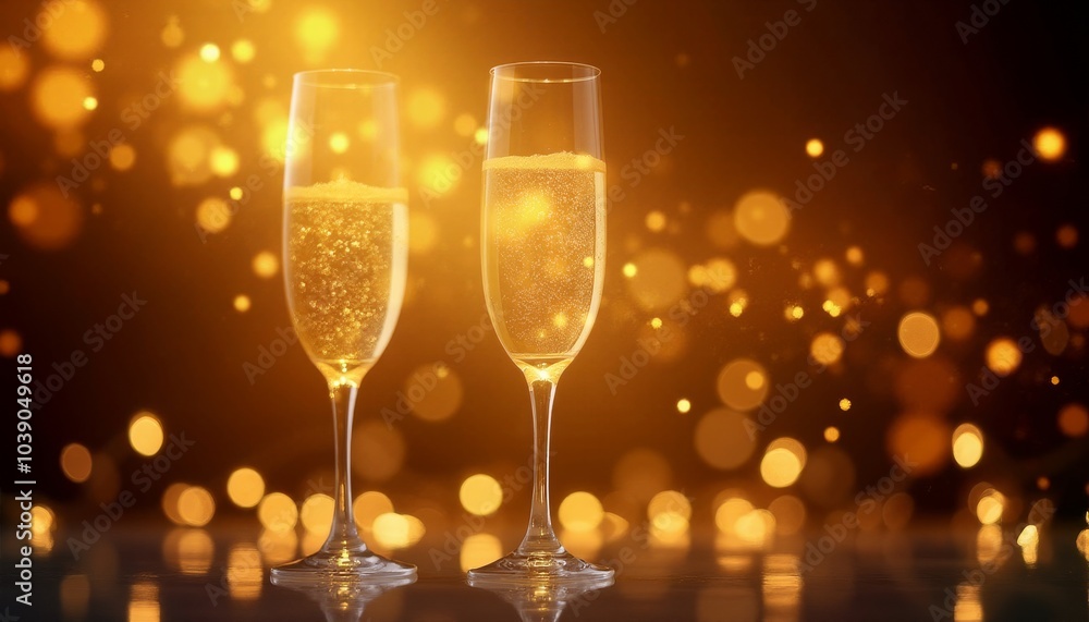 Trendy New Year's background. Celebratory Sparkling Champagne Glasses Toasting Against Golden Bokeh Background Trendy New Year's background. Celebratory Sparkling Champagne Glasses Toasting Against Golden Bokeh Background
