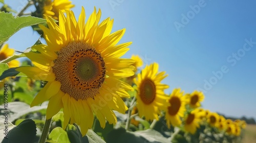 Close-up of a Vibrant Sunflower with a Blurred Background of Other Sunflowers and a Clear Blue Sky