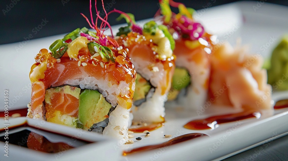 A white plate holds sushi, smothered in sauce, and adorned with avocado and garnish A white plate holds sushi, smothered in sauce, and adorned with avocado and garnish