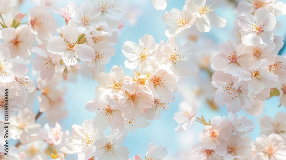 Blooming Cherry Blossoms on a Soft Blue Sky Background Blooming Cherry Blossoms on a Soft Blue Sky Background