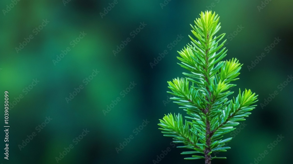 A Single Pine Sprig Against a Deep Green Background A Single Pine Sprig Against a Deep Green Background