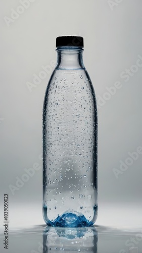 Plastic bottle with water on a gray background. Plastic bottle with water drops.