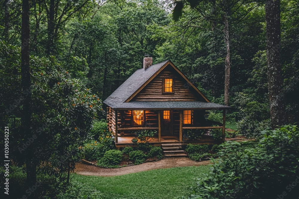 A Cozy Log Cabin Nestled Amidst Lush Foliage A Cozy Log Cabin Nestled Amidst Lush Foliage