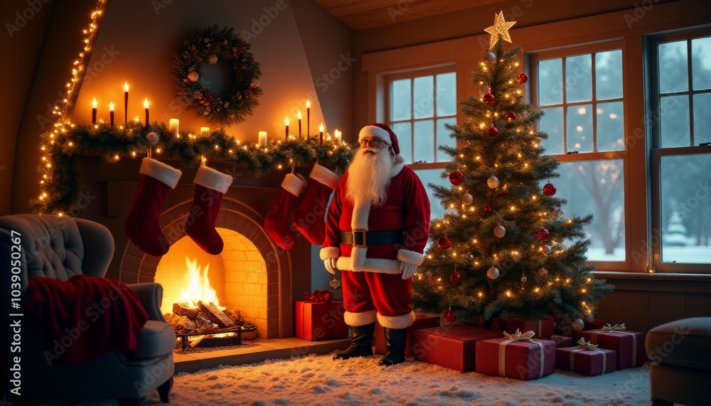Festive Christmas Eve Scene with Santa Claus in a Decorated Living Room. Ideal For Festive Events And Celebration Backgrounds. Festive Christmas Eve Scene with Santa Claus in a Decorated Living Room. Ideal For Festive Events And Celebration Backgrounds.