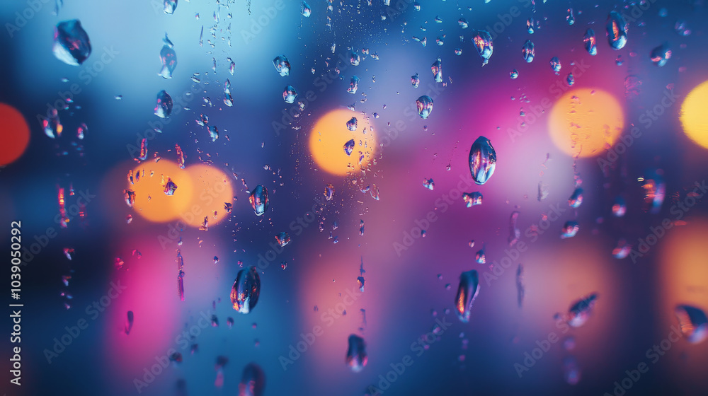 water droplets on glass, with colorful light refractions and soft focus in the background water droplets on glass, with colorful light refractions and soft focus in the background
