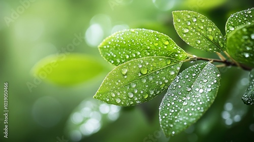 Dew-Covered Green Leaves with Bokeh Background