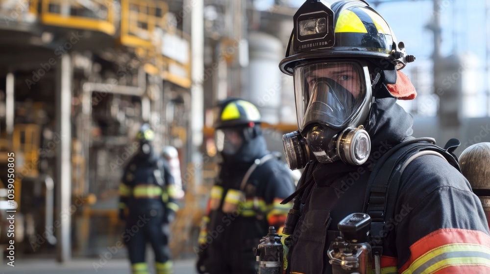 Industrial firefighters conducting a drill with specialized equipment, preparing for emergencies in a high-risk industrial zone Industrial firefighters conducting a drill with specialized equipment, preparing for emergencies in a high-risk industrial zone