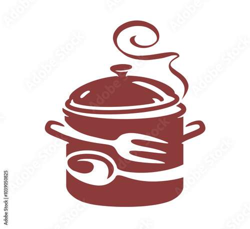 Cooking saucepan with steam logo design. Food concept. Emblem symbol culinary