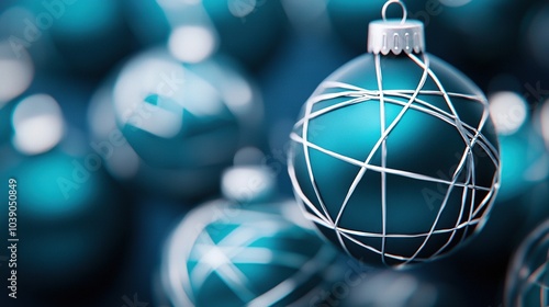   A detailed photo of a blue Christmas decoration featuring a string tied around the top