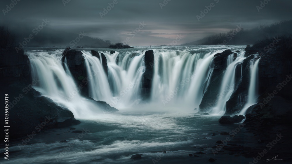 Scenic waterfall under overcast sky, dramatic falls with mist in dark surroundings Scenic waterfall under overcast sky, dramatic falls with mist in dark surroundings