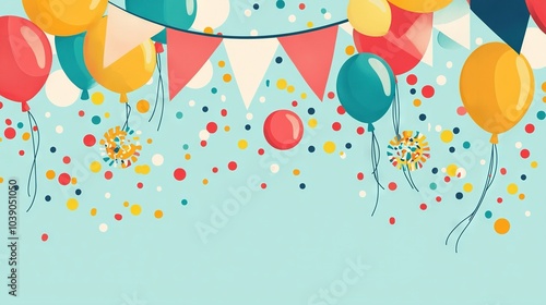   A blue background with balloons and confetti streamers