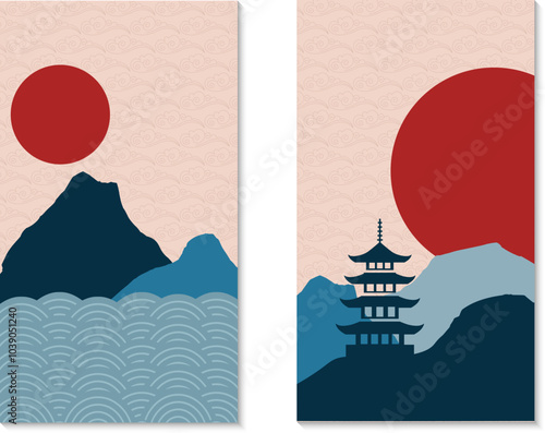 Set of cards with eastern landscape. Waves, ocean, mountains and sun. Textured background. Vector illustration