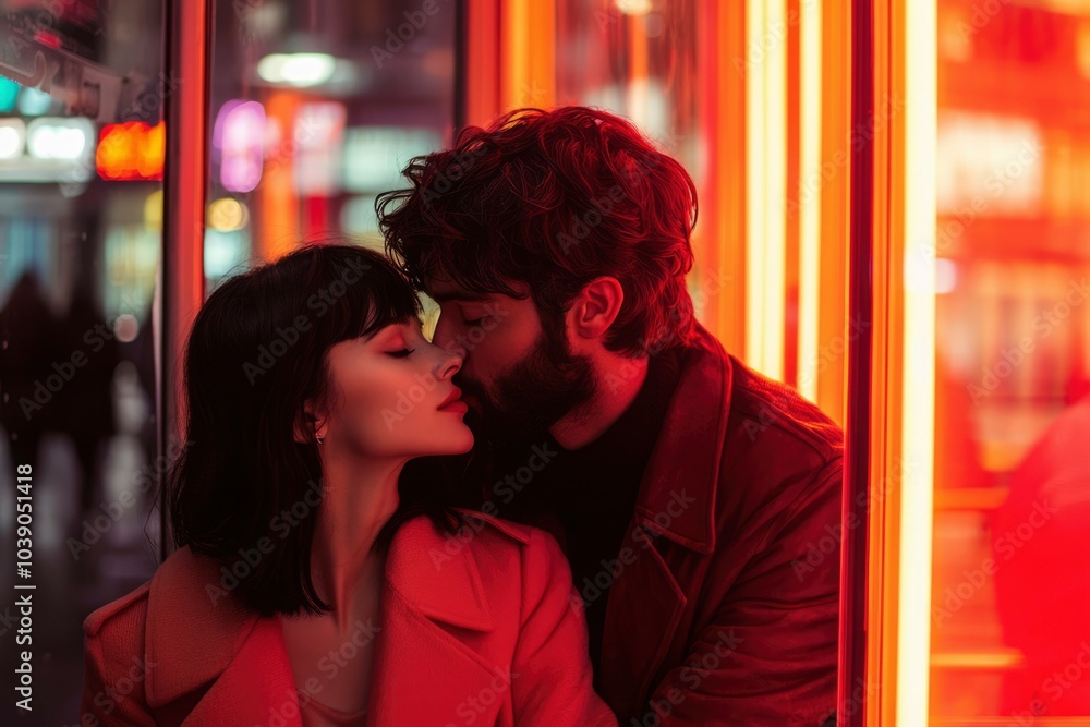 Couple in Love Sharing a Passionate Kiss in a City Setting Couple in Love Sharing a Passionate Kiss in a City Setting