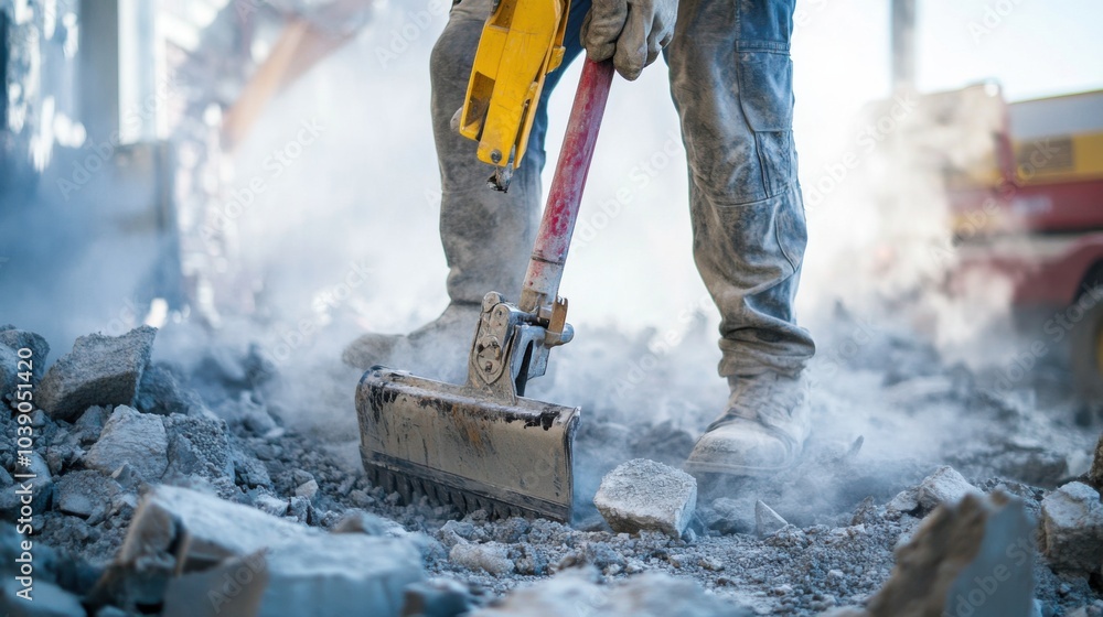 A detailed shot of a construction worker using a jackhammer to break concrete at a demolition site, Demolition work scene, Controlled chaos style A detailed shot of a construction worker using a jackhammer to break concrete at a demolition site, Demolition work scene, Controlled chaos style